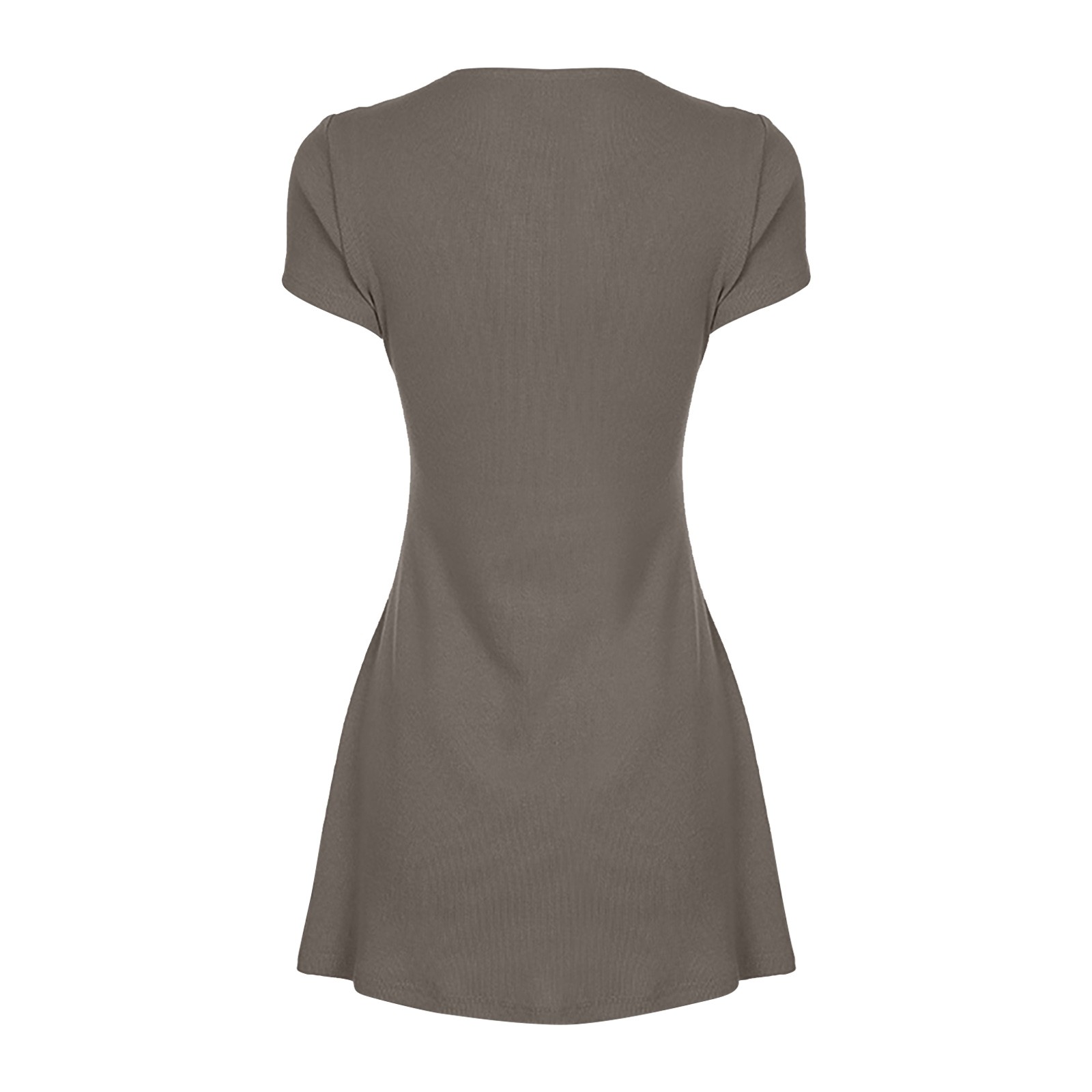 Vestido de manga corta con cuello en V y botones, de punto elástico y color liso - Punto elástico, falda femenina, elegancia del cuello en V